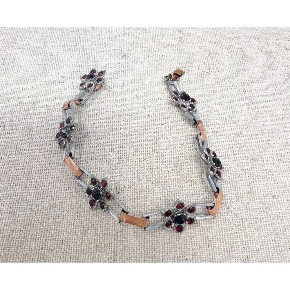 Vintage Art Deco Floral Rhinestone Link Bracelet Red Black Silver Copper Tone